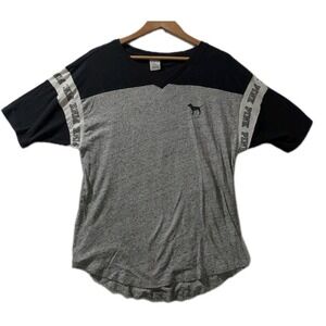 VS PINK Colorblock Varsity‎ Tee M Black Gray Dog Logo Sleeve Tape Casual Top